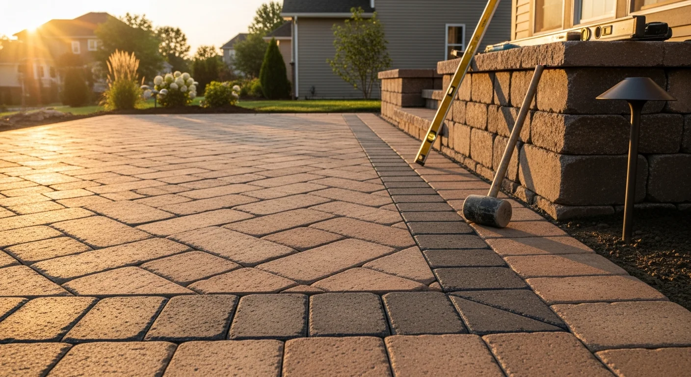 Installed paver patio with stone borders and landscape lighting in evening