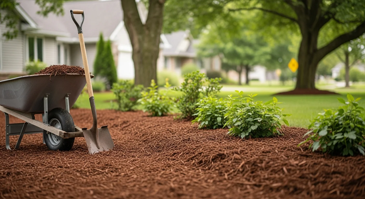 Professional landscape installation with plants and mulch in a residential yard