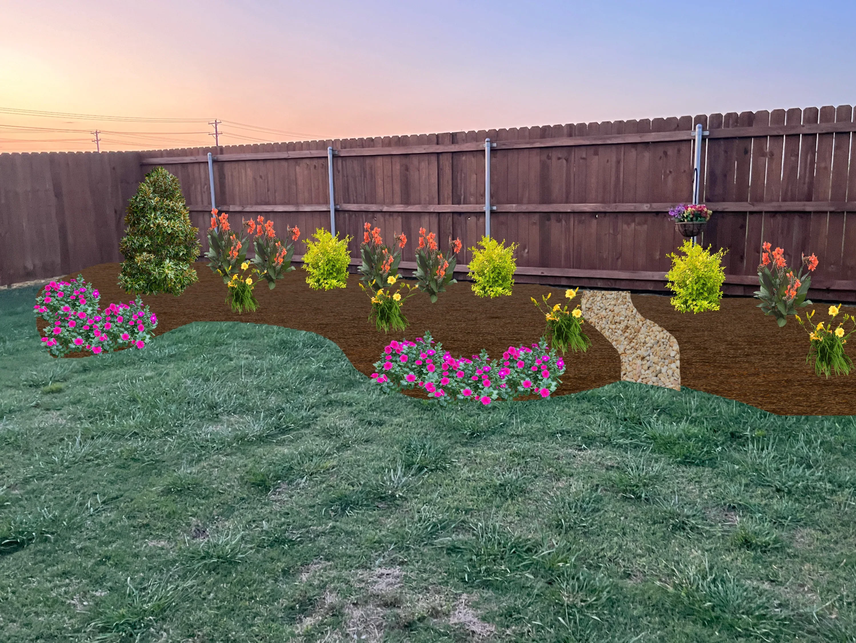 Landscaped backyard with mulch beds, flowering plants, shrubs, and gravel pathways against wooden fence