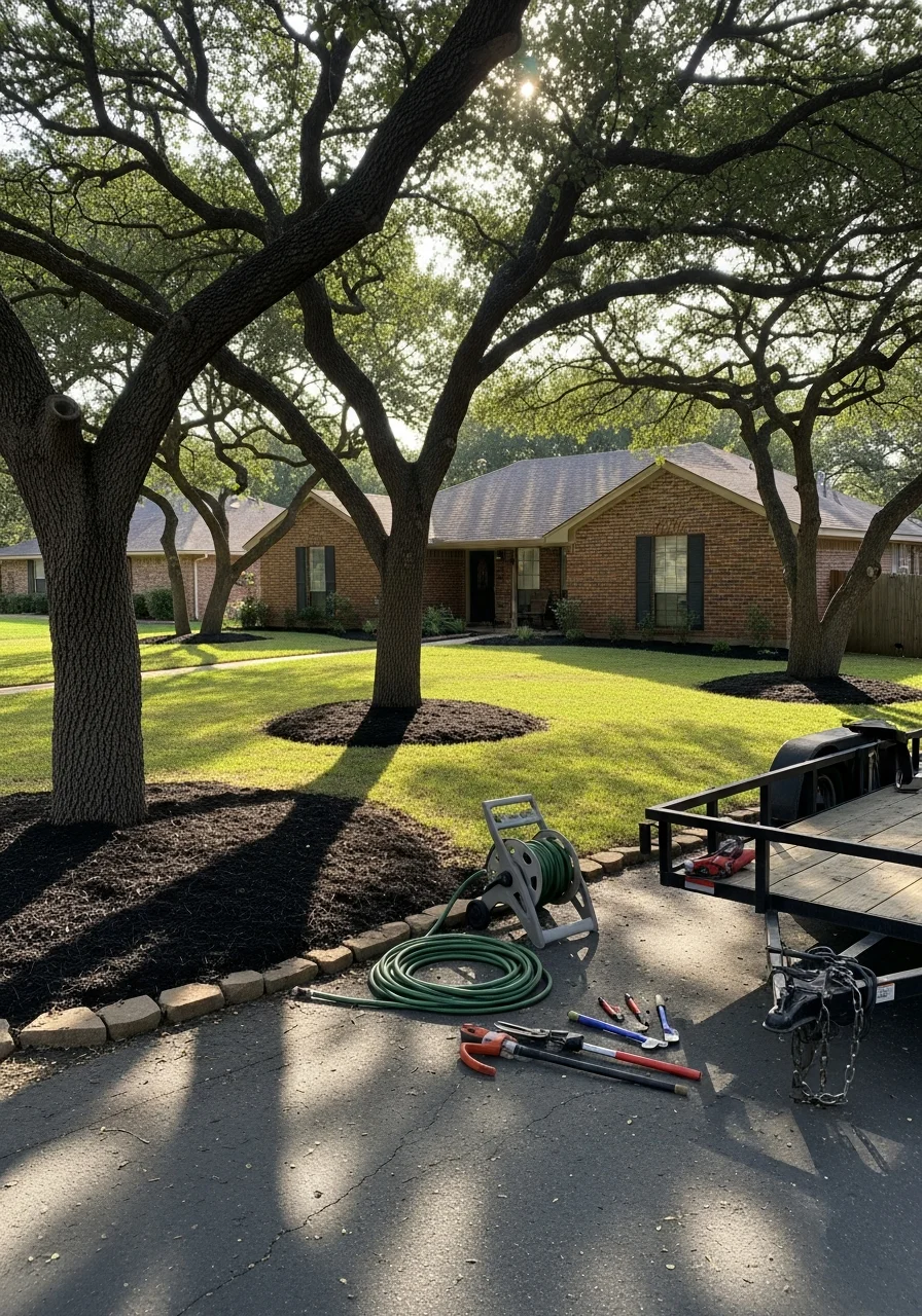 Contractor team working on Fate residential project with rural setting and mature trees visible.