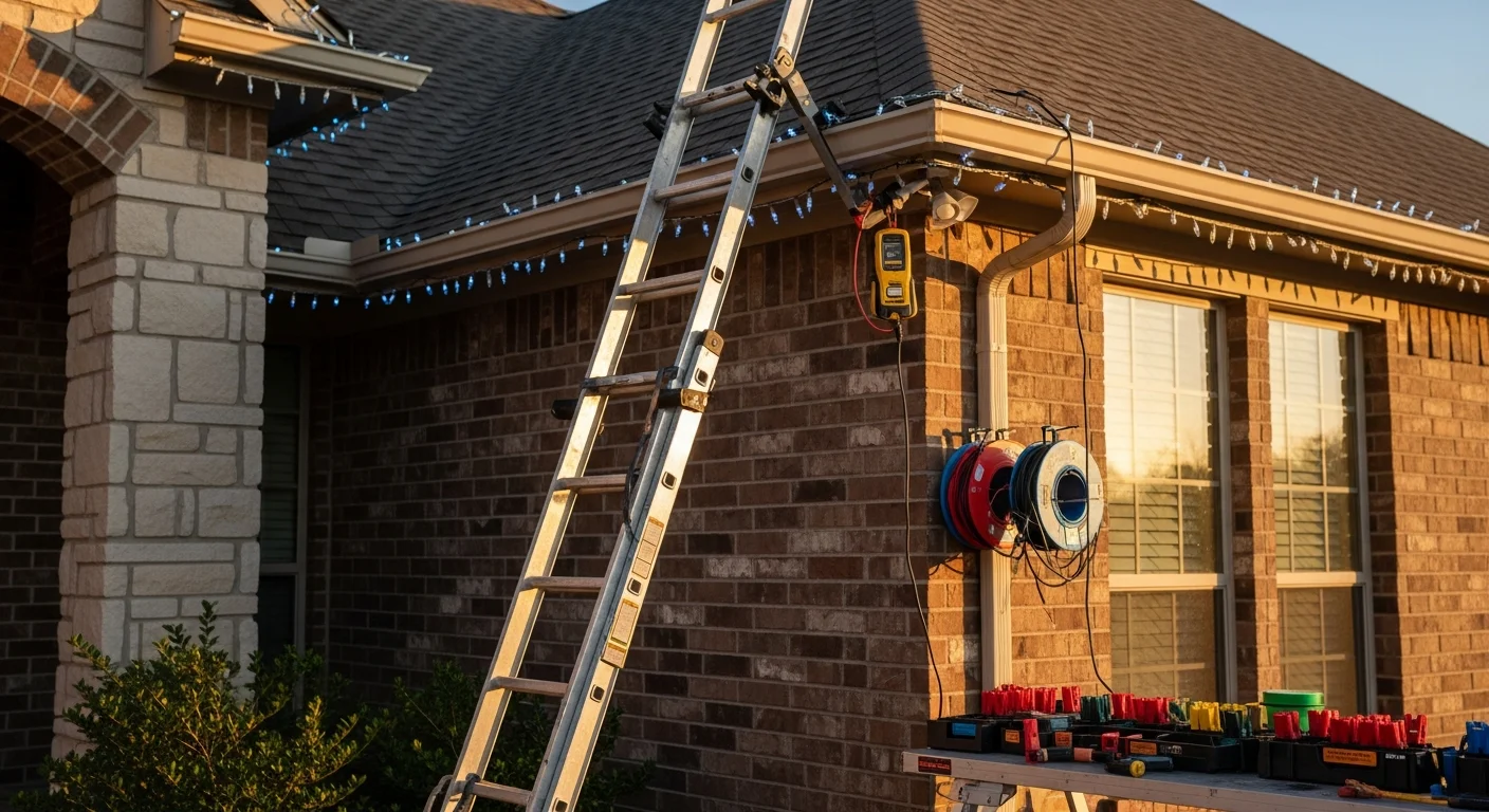 A Rockwall home with a professionally designed Christmas light display covering the roofline, eaves, and front landscaping. Warm white lights run in clean, even lines across the brick exterior with no visible cord clutter.