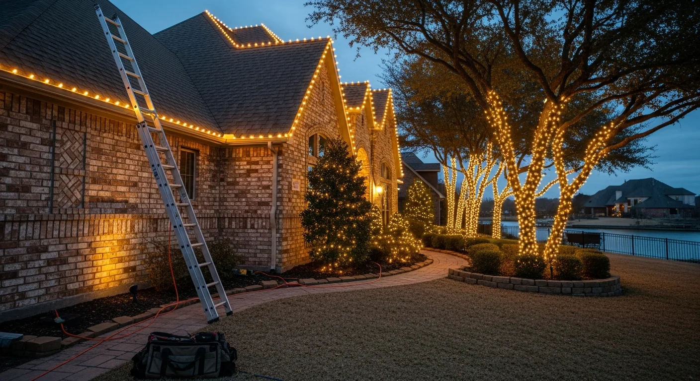 A Rockwall, TX home with professional Christmas lighting installed along the roofline, wrapped trees, and lit shrubs in the front yard. The display is evenly spaced and fully lit against a clear winter evening sky.