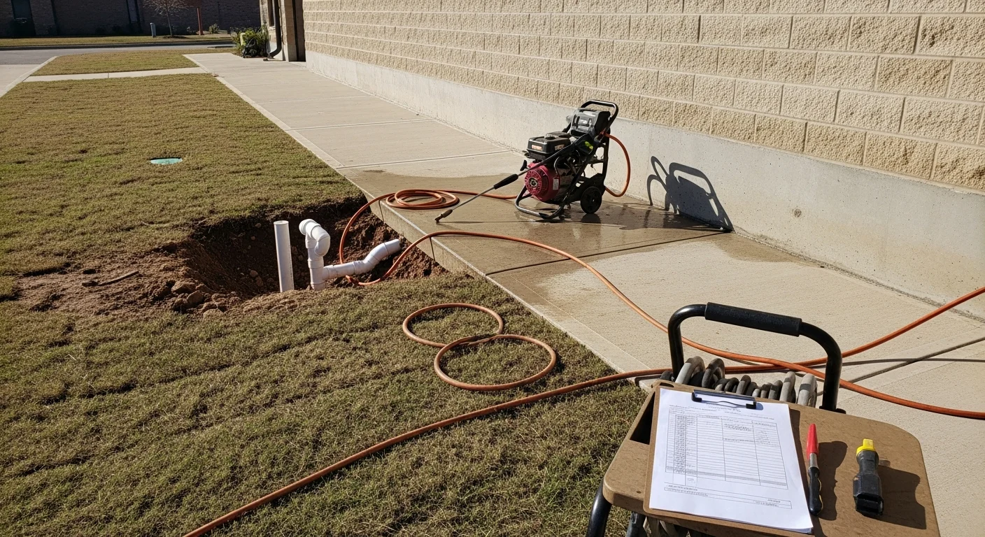 A well-maintained commercial property exterior in Rockwall, Texas, showing clean surfaces, tidy grounds, and no visible wear or damage. A contractor from Channell Outdoor Services reviews the site during a routine maintenance walkthrough.