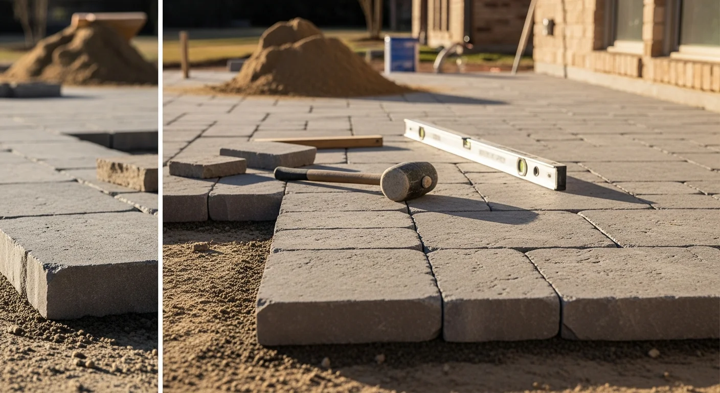 Custom stone patio and retaining wall built by Channell Outdoor Services at a residential property in Rockwall, Texas. Fitted natural stone covers the patio surface with a stacked-stone wall along the yard's sloped edge.