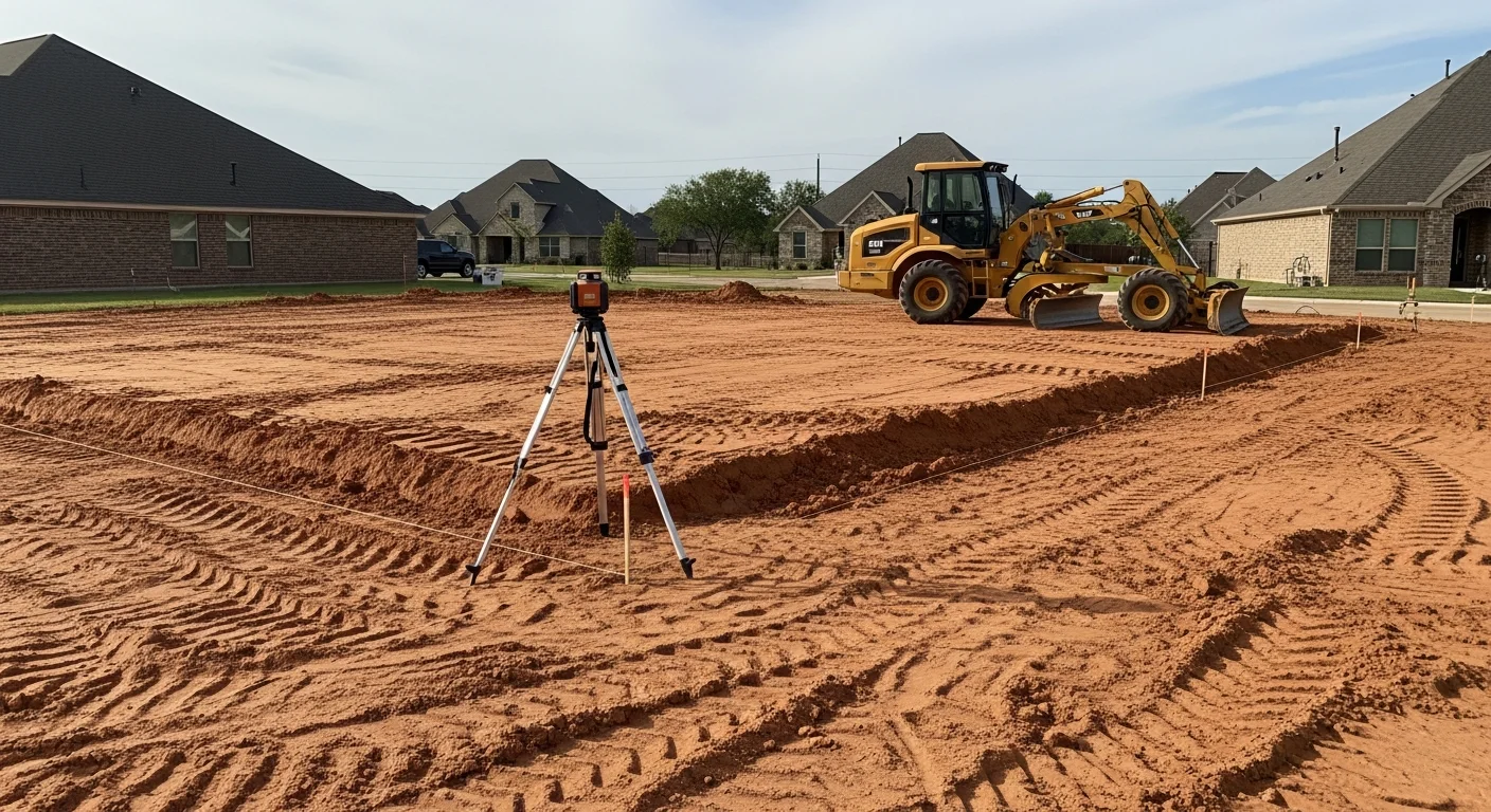 A graded residential lot in Rockwall, Texas showing smooth, compacted soil sloped away from a home's foundation. Heavy equipment tracks are visible across the freshly worked clay ground after site preparation.