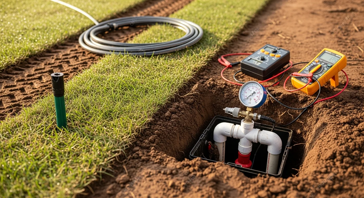 A Channell Outdoor Services technician inspecting a damaged sprinkler head in a Rockwall residential lawn with dry grass patches visible in the background. The technician is kneeling beside an exposed valve box in clay soil typical of North Texas properties.