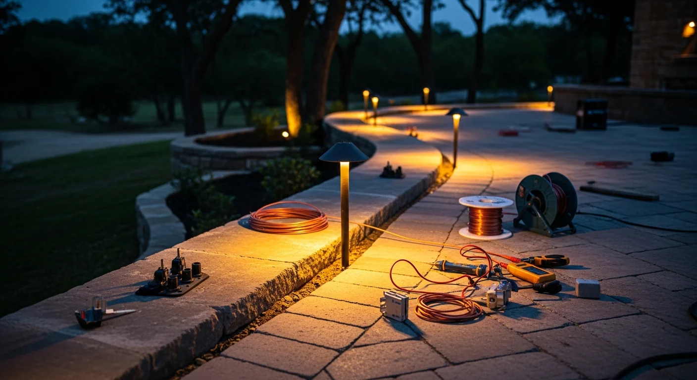 Professionally installed landscape lighting along a stone pathway and retaining wall at a Rockwall, Texas home, with uplighting on mature trees and a lit patio area visible in the background.