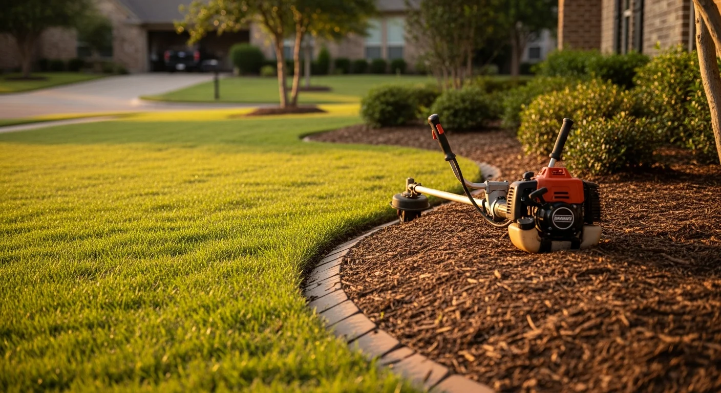 A maintained residential front yard in Rockwall, TX showing freshly mowed bermuda grass, trimmed shrubs, and clean landscape bed edges along a concrete driveway. Channell Outdoor Services crew equipment is visible in the background on a sunny Texas afternoon.