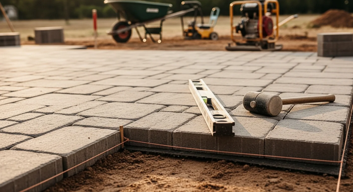 Newly installed paver patio in a Rockwall, Texas backyard with a level surface, clean edge borders, and open space for outdoor seating. The surrounding yard shows the clay-heavy North Texas soil typical of Rockwall residential properties.