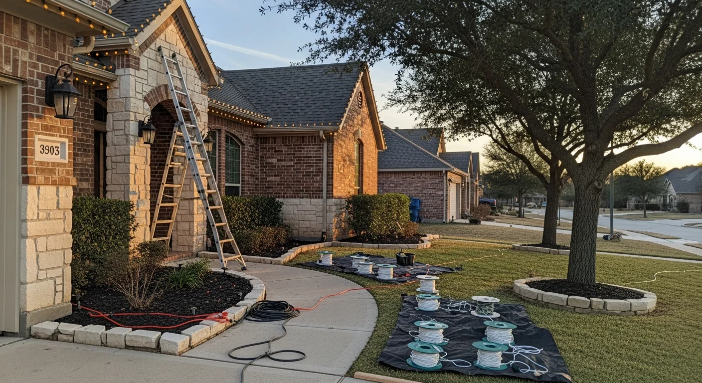 A single-story brick home in Rockwall, Texas with white Christmas lights outlining the roofline, eaves, and front shrubs at dusk. The display is evenly spaced with no visible gaps or sagging strands.