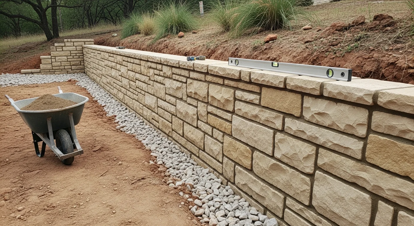 A newly constructed stone retaining wall holding a sloped backyard on a residential property in Rockwall, Texas. The wall features clean horizontal coursing with a level lawn area behind it and a drainage channel at the base.