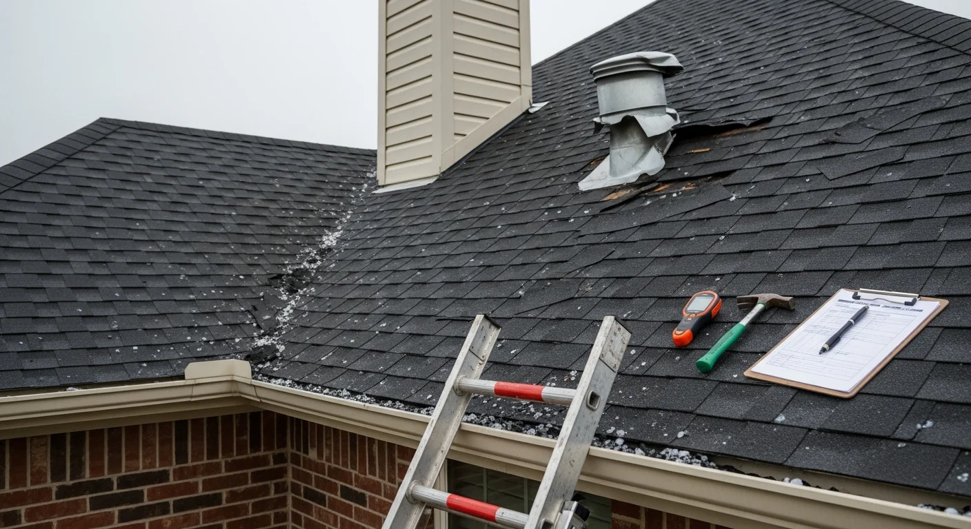 A residential roof in Rockwall, TX showing completed shingle repair work on a single-story home after storm damage. Close-up view of replaced shingles and sealed flashing along the roofline.
