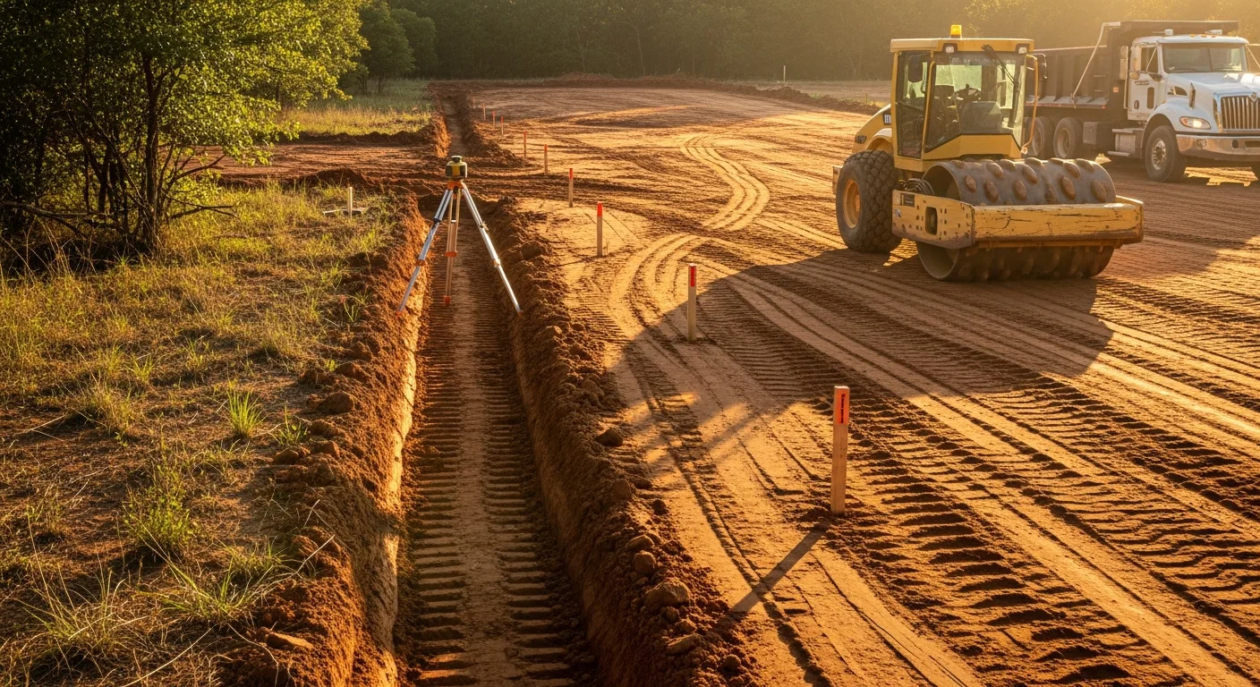 A grading contractor operating a skid steer on a cleared residential lot in Rockwall, Texas, shaping soil and establishing drainage slopes before foundation work begins. Raw earth is visible across the prepared building pad with no standing water or debris present.
