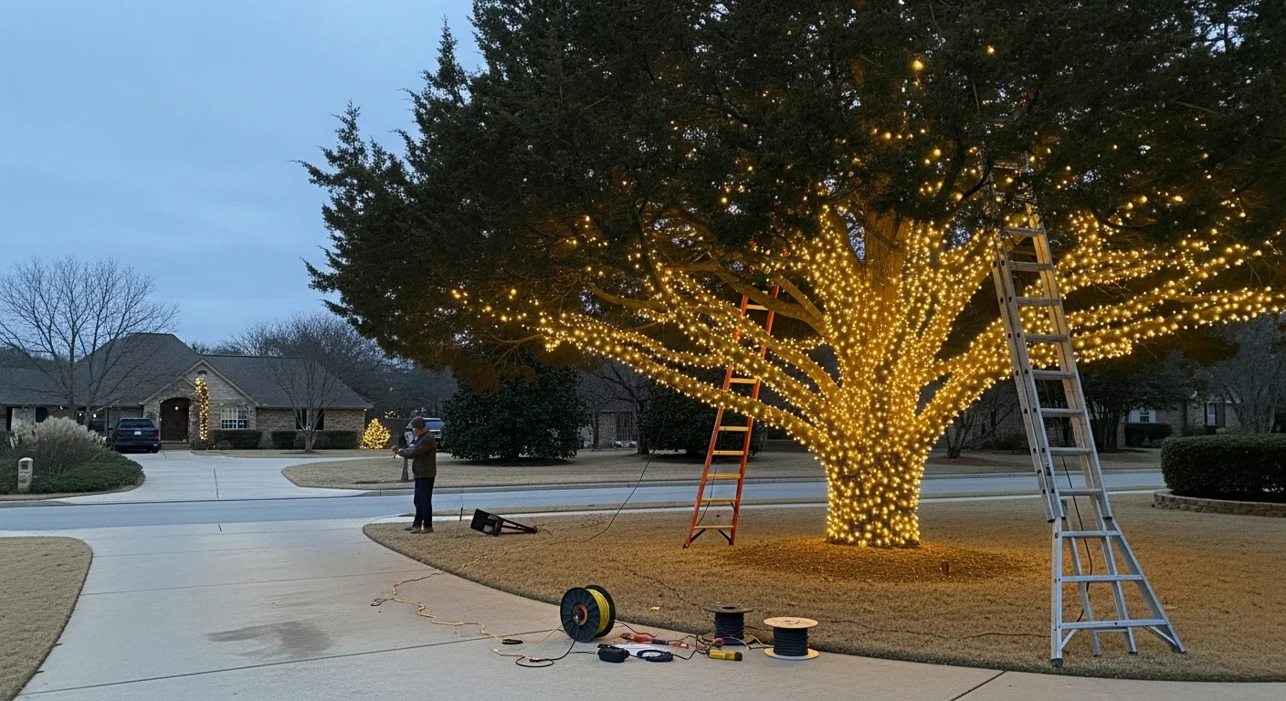 A two-story Rockwall home at night with mature front yard trees fully wrapped in warm white Christmas lights from base to upper canopy. The display is evenly lit with no dark gaps, visible from the street against a clear Texas winter sky.