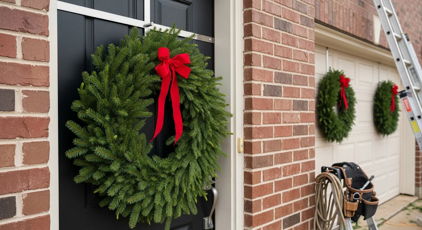 A professionally installed Christmas wreath centered on the front door of a Rockwall home, with a columned porch entry and holiday lights visible along the roofline. The wreath is evenly mounted and faces the street for full curb-side visibility.
