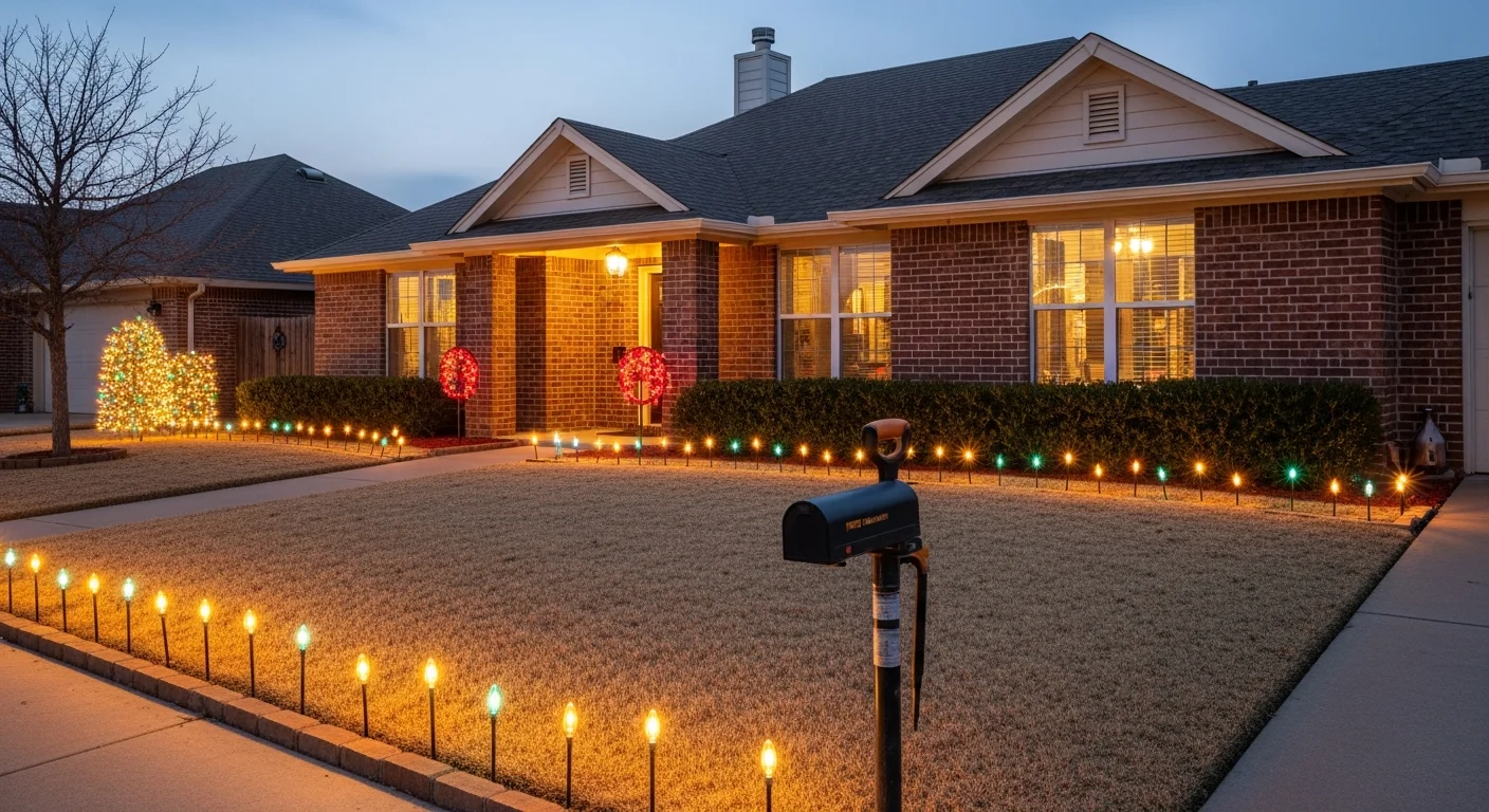 Lighted Christmas yard stakes and decorative props arranged along the front walkway of a Rockwall, Texas home at dusk. Ground-level figures face the street with even spacing across a residential lawn.